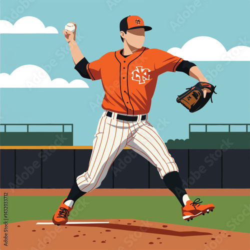 Dynamic flat vector artwork showcasing a baseball player during a game at the stadium. This clean and modern illustration captures the energy and action of baseball