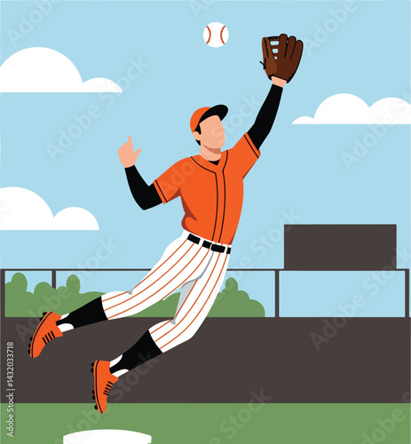 Dynamic flat vector artwork showcasing a baseball player during a game at the stadium. This clean and modern illustration captures the energy and action of baseball