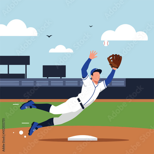 Dynamic flat vector artwork showcasing a baseball player during a game at the stadium. This clean and modern illustration captures the energy and action of baseball