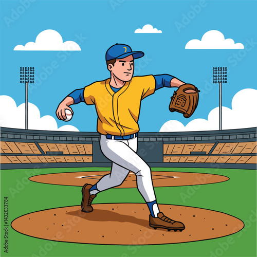 Dynamic flat vector artwork showcasing a baseball player during a game at the stadium. This clean and modern illustration captures the energy and action of baseball