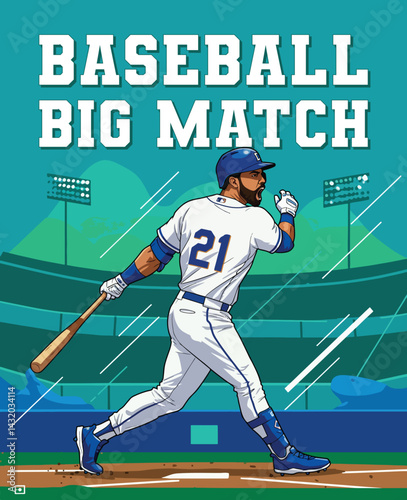 Dynamic vector poster illustration capturing the energy of a baseball game, featuring a player in action. Ideal for sports-themed projects, promotional materials