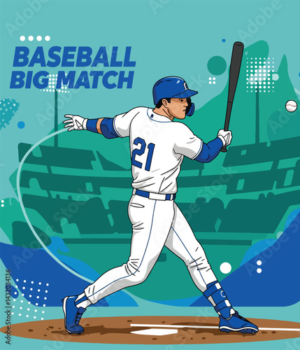 Dynamic vector poster illustration capturing the energy of a baseball game, featuring a player in action. Ideal for sports-themed projects, promotional materials