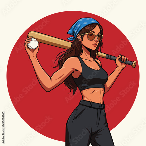 A confident woman playing baseball as batter. flat illustration with vibrant colors