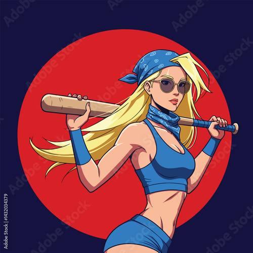 A confident woman playing baseball as batter. flat illustration with vibrant colors