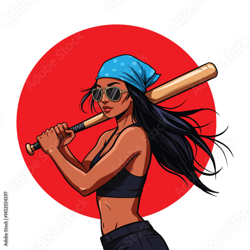 A confident woman playing baseball as batter. flat illustration with vibrant colors