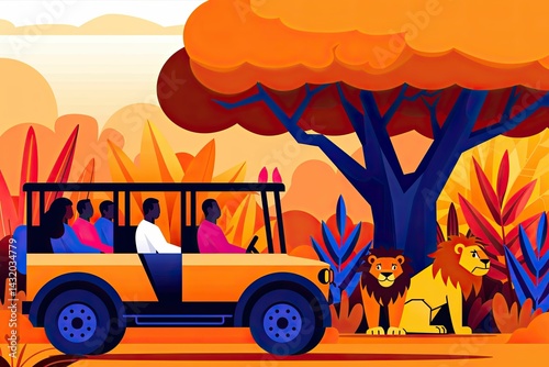 Wildlife safari adventure showcasing vibrant surroundings with a safari vehicle, passengers observing majestic lions in a colorful landscape, wildlife exploration concept