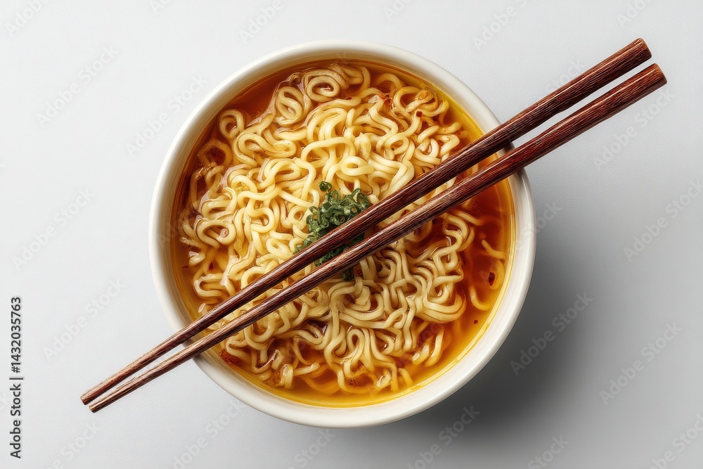 Overhead studio shot of a delicious bowl of ramen soup with noodles and chopsticks, perfect for illustrating asian cuisine and comfort food on a white background. Overhead studio shot of a delicious bowl of ramen soup with noodles and chopsticks, perfect for illustrating asian cuisine and comfort food on a white background.