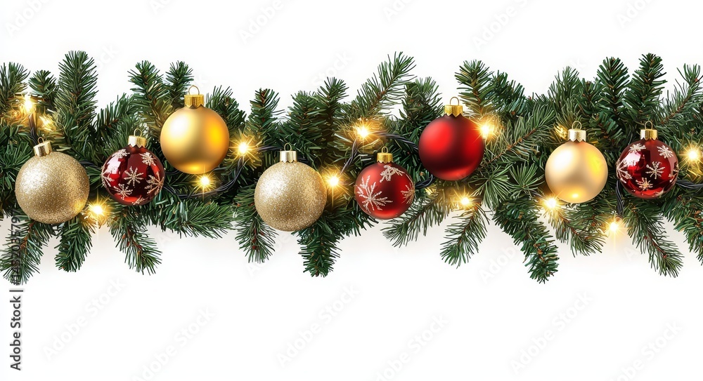 Christmas Garland with Gold and Red Ornaments and Lights, Holiday, Decoration Christmas Garland with Gold and Red Ornaments and Lights, Holiday, Decoration