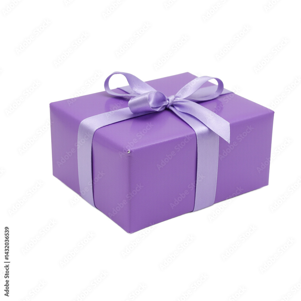 Obraz premium Isolated glossy purple rectangular gift box tied with lilac satin ribbon