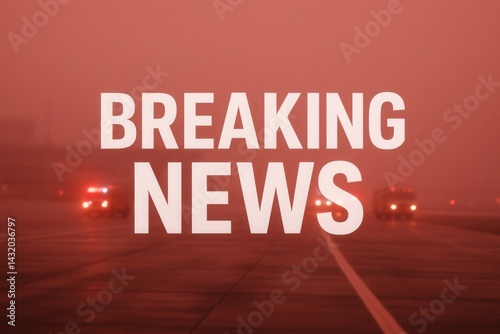 Breaking news alert with emergency vehicles responding on airport tarmac
