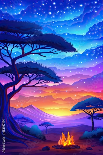 Vibrant sunset over a serene landscape with silhouettes of trees and a glowing campfire creating a tranquil atmosphere in the surrounding world wildlife concept