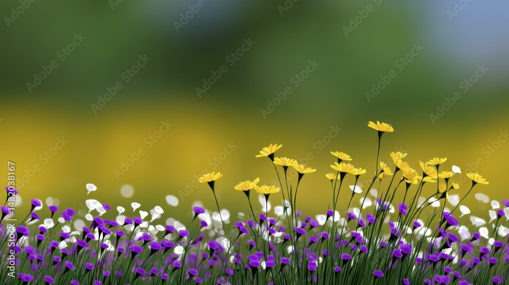 Fototapeta premium Scenic wildflower field with yellow and purple blossoms under a blurred green and yellow sky