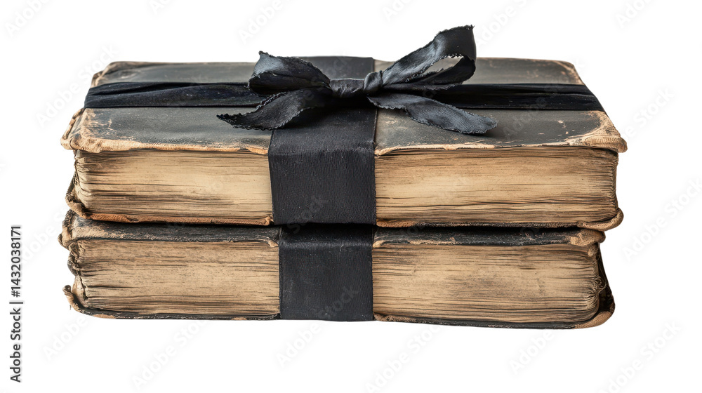 Old leather bound book wrapped with black ribbon on a transparent background