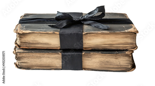 Obraz na płótnie Old leather bound book wrapped with black ribbon on a transparent background w salonie