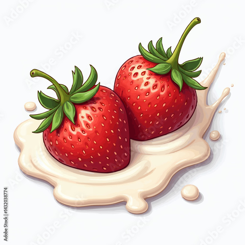 Vector design for for food packaging 
with strawberry berries and
splashes of milk yogurt isolated 
on white background. Fashionable print for paper, 
fruit juice, ice cream packaging. 
