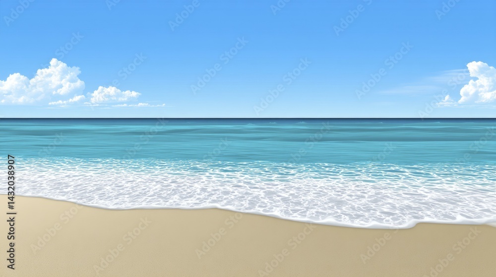 Fototapeta premium Sandy beach coastline meets turquoise ocean water under a bright blue sky with white fluffy clouds on a clear day