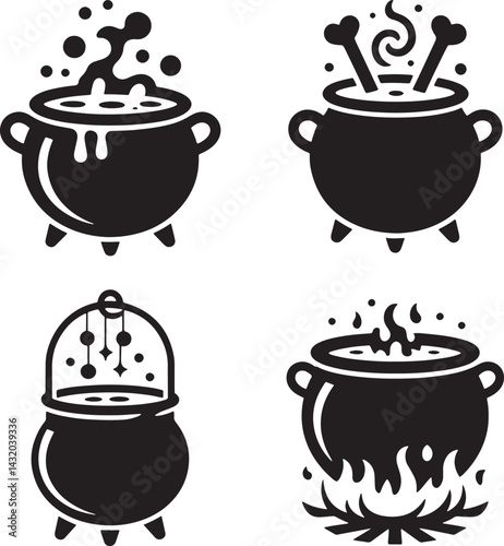 Halloween Cauldron silhouette set vector illustration isolated On Transparent Background