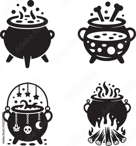 Halloween Cauldron silhouette set vector illustration isolated On Transparent Background