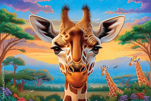 Giraffe portrait in vibrant wildlife setting showcasing the beauty of nature and its surroundings with lush greenery and colorful skies, wildlife conservation concept