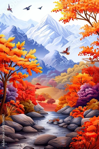 Vibrant autumn landscape showcasing colorful foliage, serene river, majestic mountains, and wildlife in harmony with the surrounding world, nature beauty concept