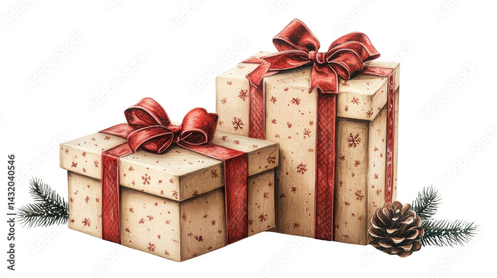 Vintage christmas gift box isolated on white transparent background
