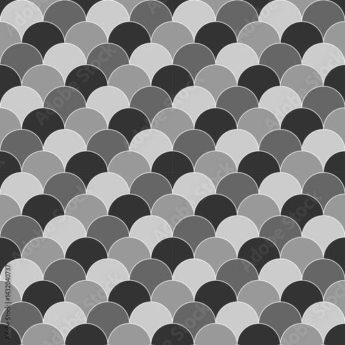 Fish scale wallpaper. Asian traditional ornament with repeated scallops. Repeated white curves on black background. Seamless surface pattern design with semicircles. Grid motif. Digital paper. Vector.