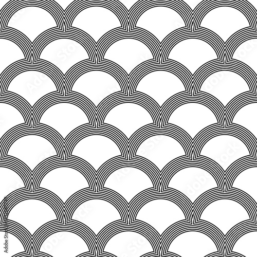 Fish scale wallpaper. Asian traditional ornament with repeated scallops. Repeated white figures on hatched background. Seamless surface pattern design with semicircles. Grid motif. Digital paper.