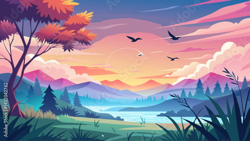 A peaceful summer sky with soft, pastel colors of the sunrise and a flock of birds soaring freely in the cool morning air