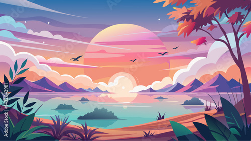 A peaceful summer sky with soft, pastel colors of the sunrise and a flock of birds soaring freely in the cool morning air
