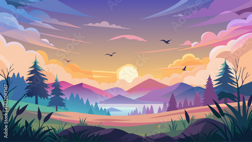 A peaceful summer sky with soft, pastel colors of the sunrise and a flock of birds soaring freely in the cool morning air