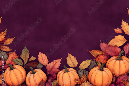 Festive Autumn Border with Pumpkins and Fall Leaves