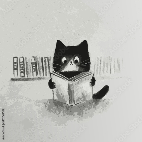 Cute black cat reading a book in a cozy library  