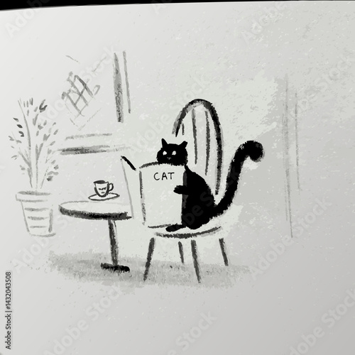Black cat reading a book on a chair in a cozy café  
