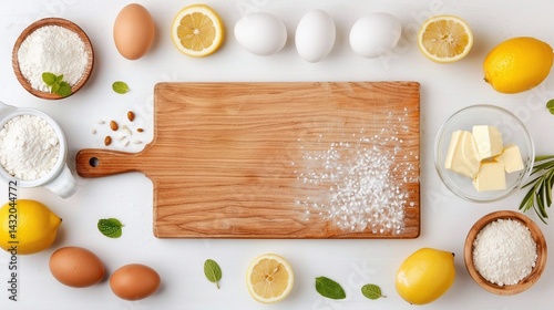 Empty wooden board with lemon dessert ingredients on white background, top view rustic baking concept with fresh citrus and eggs, space for text in minimal layout

