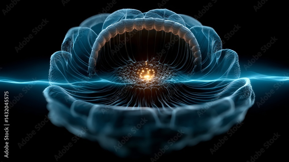Fototapeta premium Blue lotus representing throat chakra emitting sound waves in dark background