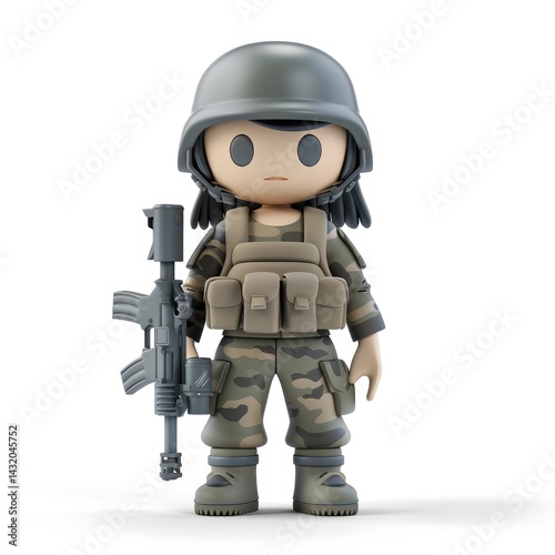Cartoon female soldier in camouflage uniform holding rifle.