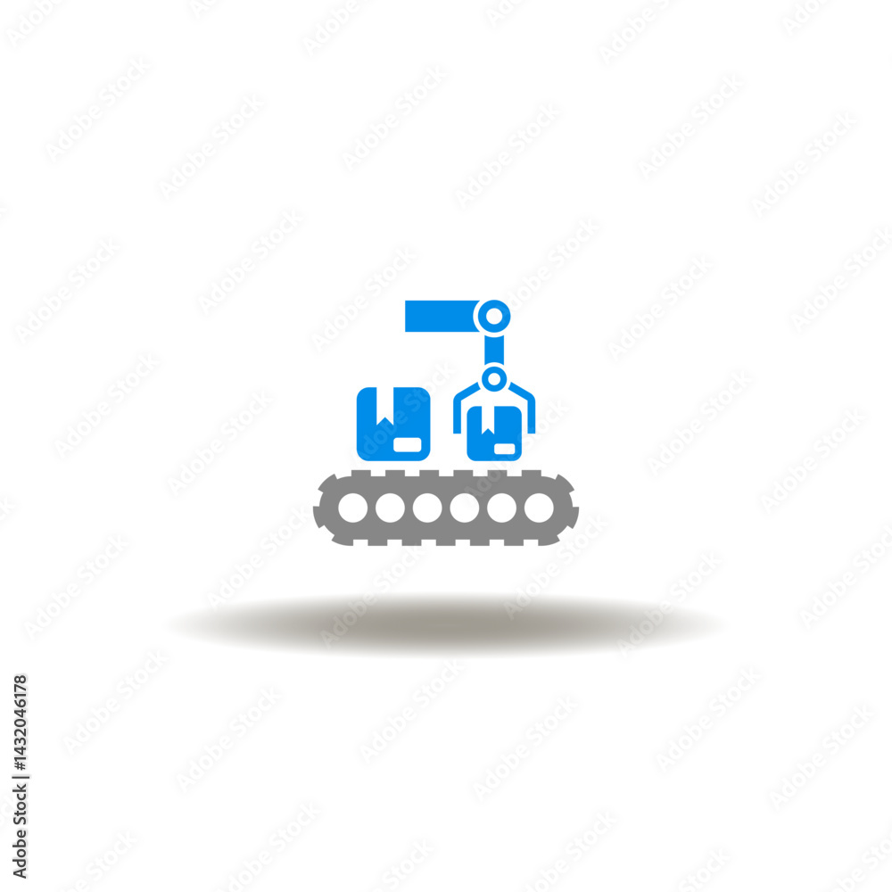 Vector illustration of automated conveyor or line belt and robotic manipulator with boxes. Symbol of mass production.