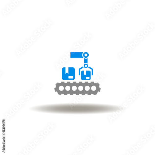 Obraz na płótnie Vector illustration of automated conveyor or line belt and robotic manipulator with boxes. Symbol of mass production. w salonie