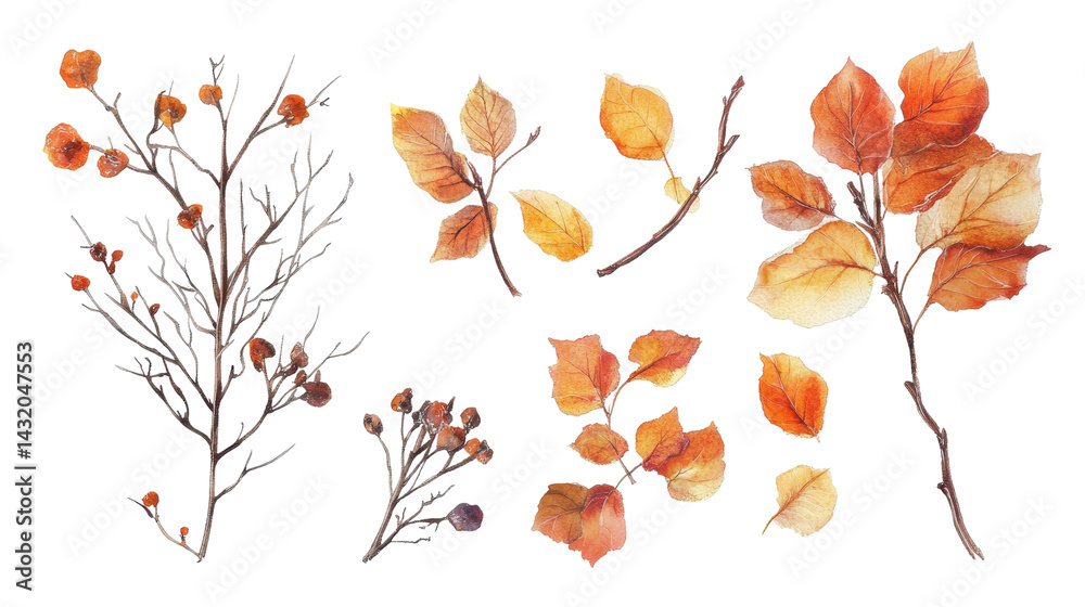 watercolor autumn branch element set isolated on white transparent background
