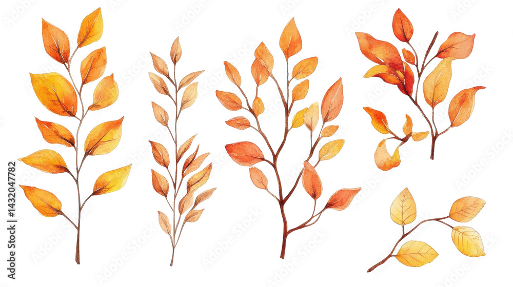 watercolor autumn branch element set isolated on white transparent background