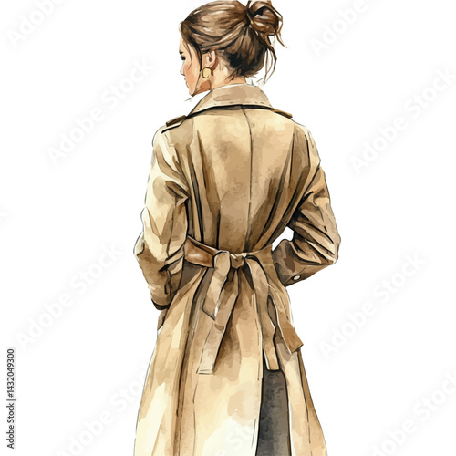 Young Woman In A Stylish Trench Coat, watercolor vector, isolated on a white background.