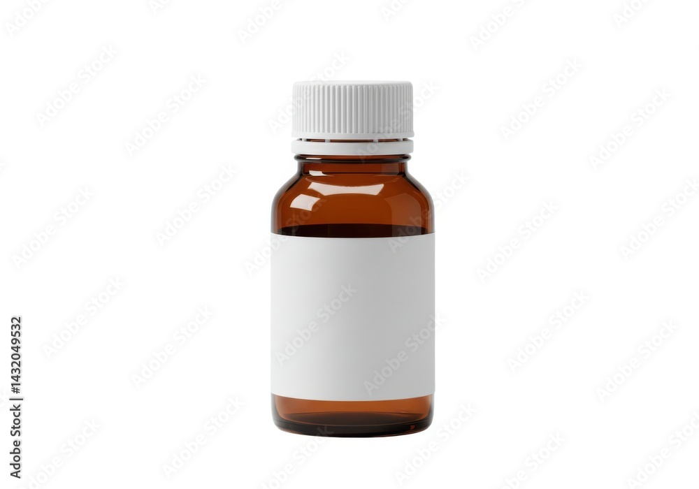 Amber bottle mockup with label for medicine and supplements isolated on white background Amber bottle mockup with label for medicine and supplements isolated on white background