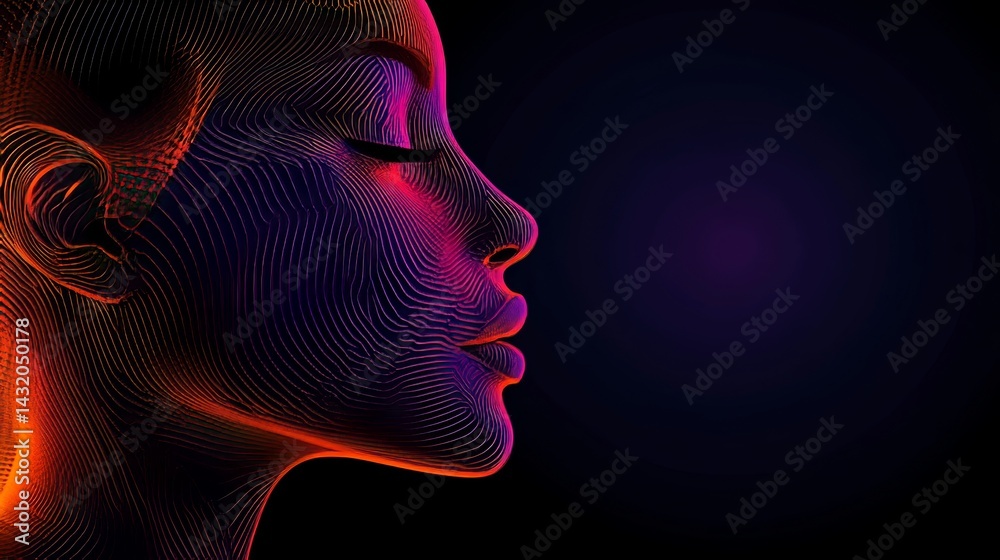 Obraz premium Neon lights and a kaleidoscope of abstract patterns serve as the backdrop for a human face in a cutting-edge digital artwork with a futuristic aesthetic