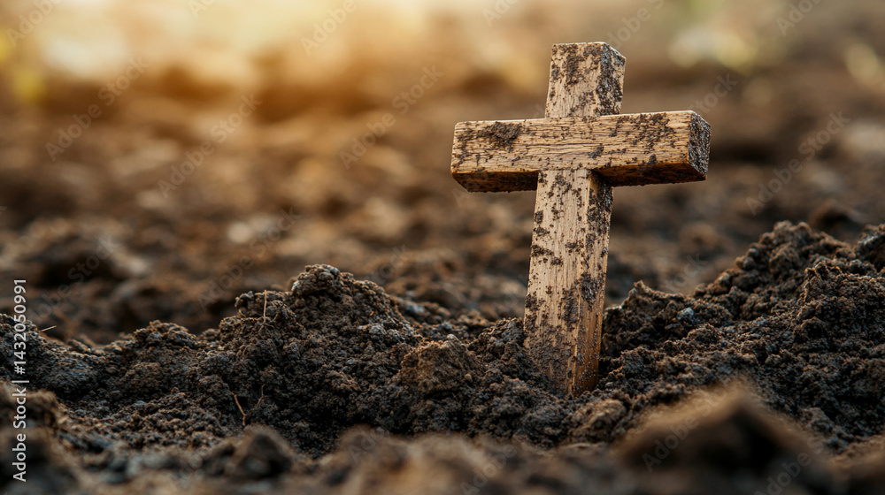 Simple wooden cross stands upright in a mound of earth, symbolizing Christian faith, Easter resurrection, and humility. A minimal, isolated tribute to spirituality and sacred devotion.
Simple wooden cross stands upright in a mound of earth, symbolizing Christian faith, Easter resurrection, and humility. A minimal, isolated tribute to spirituality and sacred devotion.