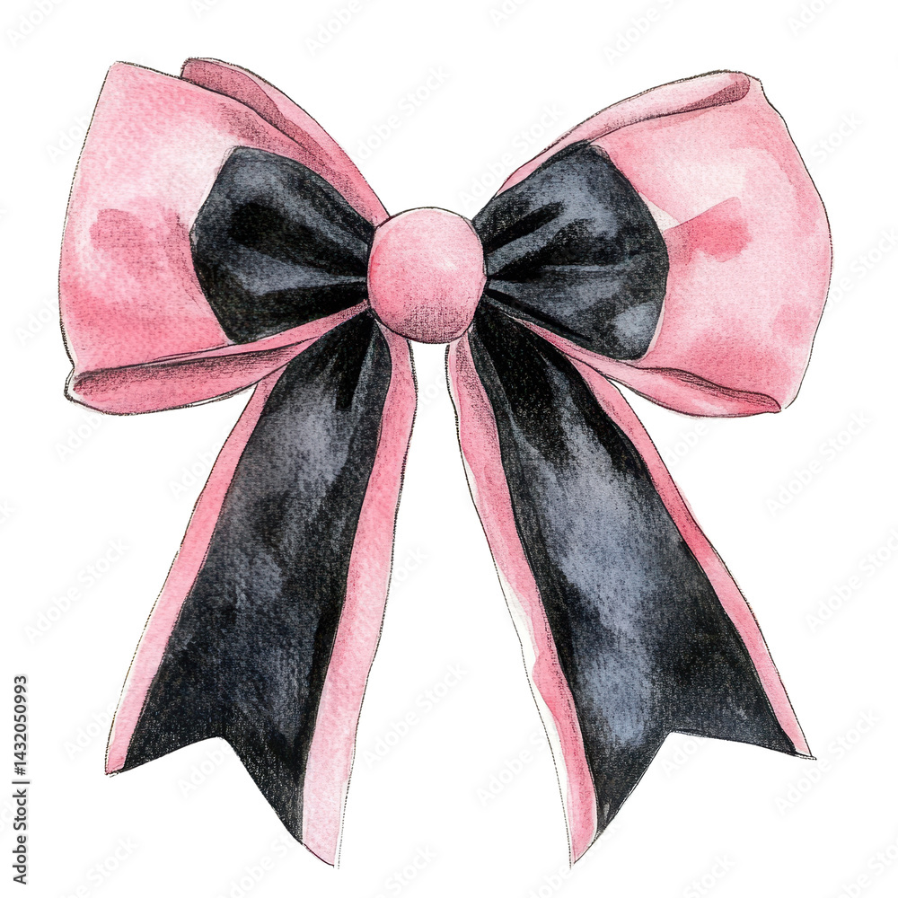 watercolor pink black bow isolated on white transparent background