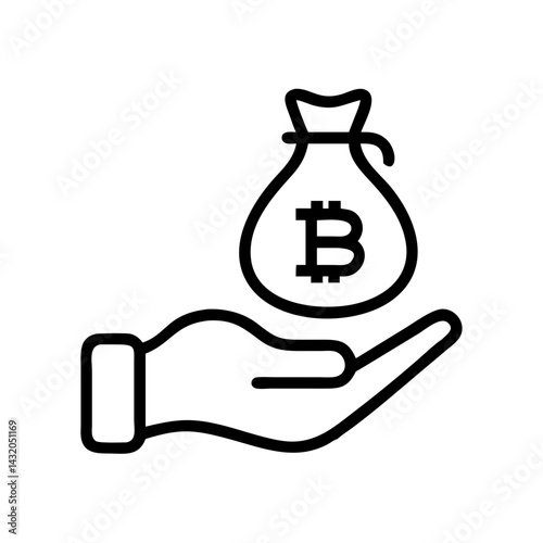 Money bag icon held by hand, cryptocurrency financial concept