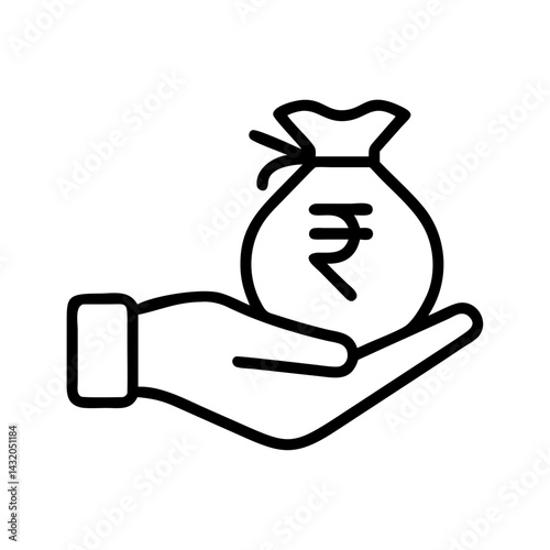Hand holding money bag icon with Indian rupee symbol, financial concept