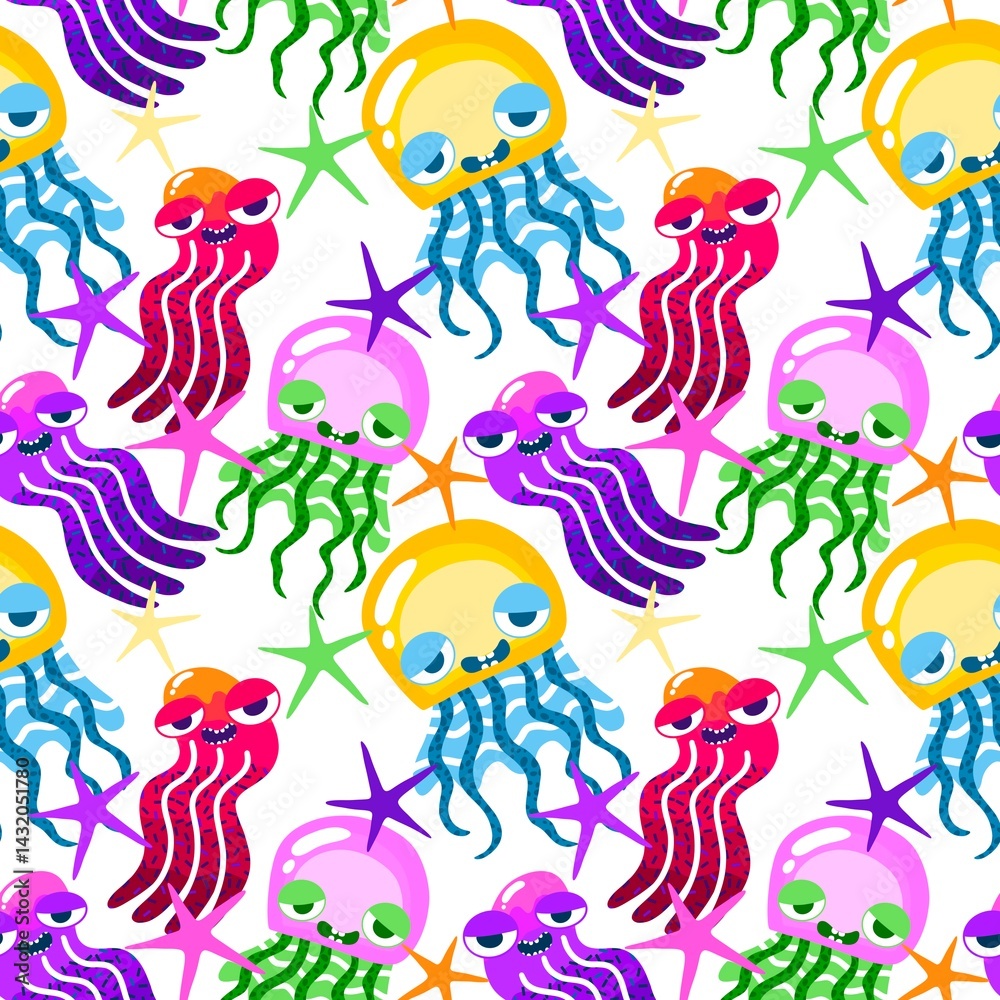Fototapeta premium Summer ocean animals seamless octopus and jelly fish pattern for wrapping paper and kids print and party accessories