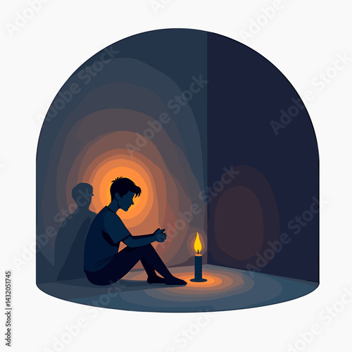 lonely figure in dark cave illuminated by candlelight