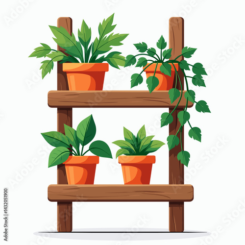 vibrant plant pots on wooden shelf with greenery